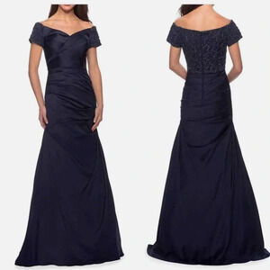 La Femme navy blue satin beaded ball gown long maxi dress elegant off shoulder 6